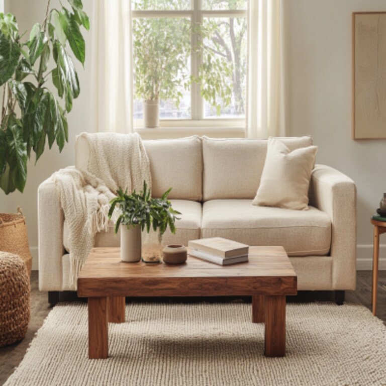 Modern Living Room Design with Beige Sofa and Wooden Coffee Table